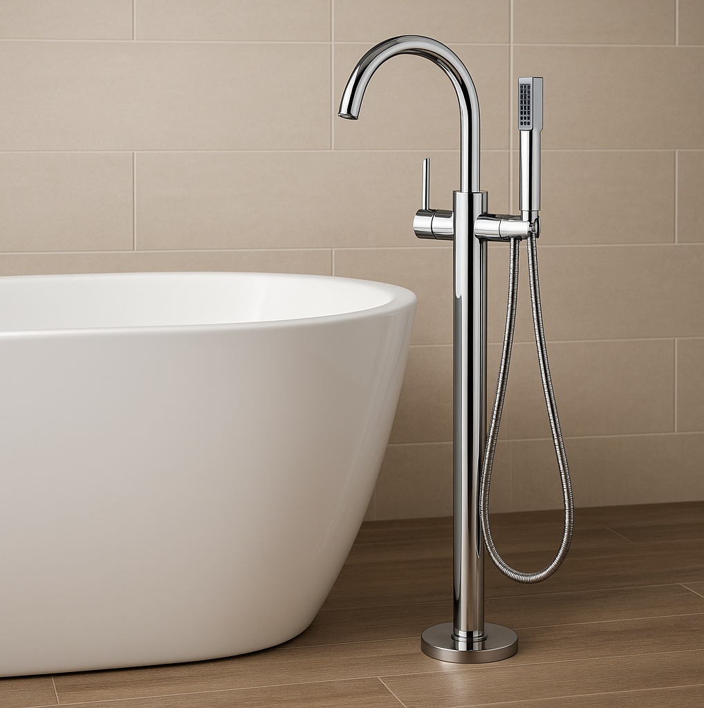 Fontana St. Gallen freestanding bathtub faucet with hand shower next to soaking tub
